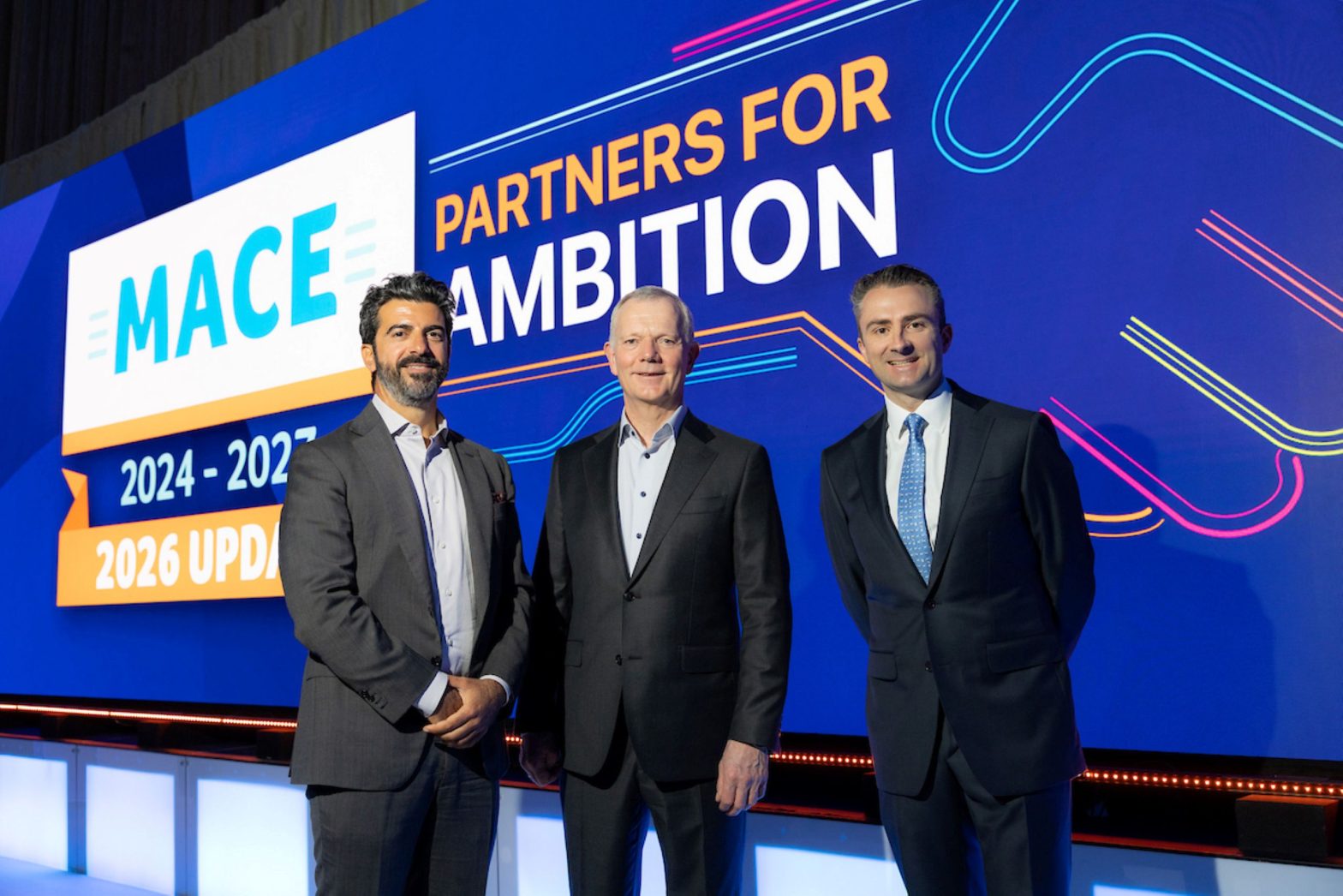 Pictured are: Giuseppe Stigliano, International Advisor on Corporate Innovation, Leadership, Marketing, and Sales, John Moane, Group Chief Executive, BWG Group and Keith Crawford, MACE Sales Director
