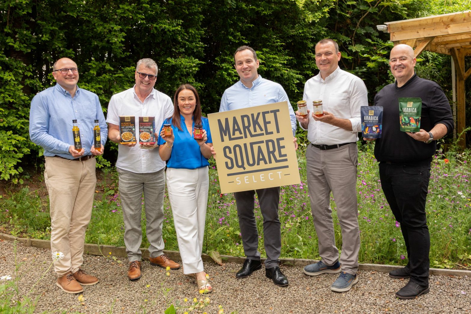 BWG Foods Trading Director, Jamie Tevlin, pictured with Jack Rogers from Meath's Newgrange Gold, Paul Lawless from Galway's Foods of Athenry, Laura Sinnott of Wexford Home Preserves, Martin Ormonde from Cork's Healy's Honey and Mark Bergin from Waterford's Coffee House Lane at the launch of BWG Foods new Market Square Select range that is exclusively available to independent MACE and LONDIS retailers nationwide.