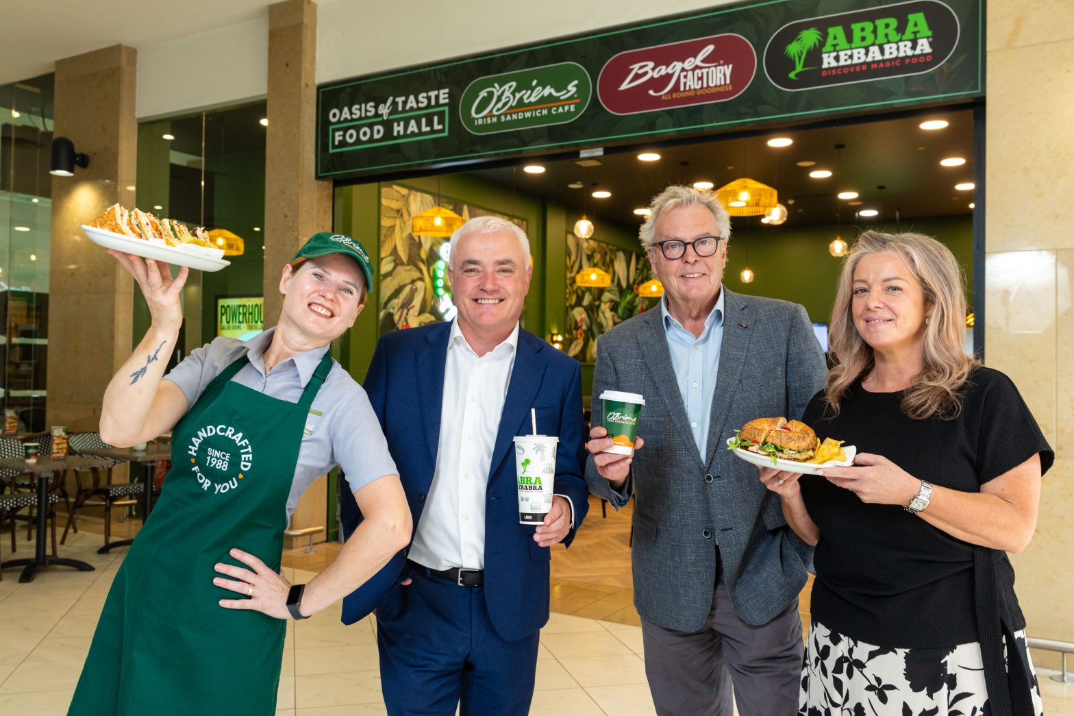 BWG’s Michael Collins with Daiva Stoskus, David Zebedee and Sinead Reid from Oasis of Taste (O’Briens Café, Abrakebabra, Bagel Factory) at the group’s latest restaurant opening at Citywest Shopping Centre.